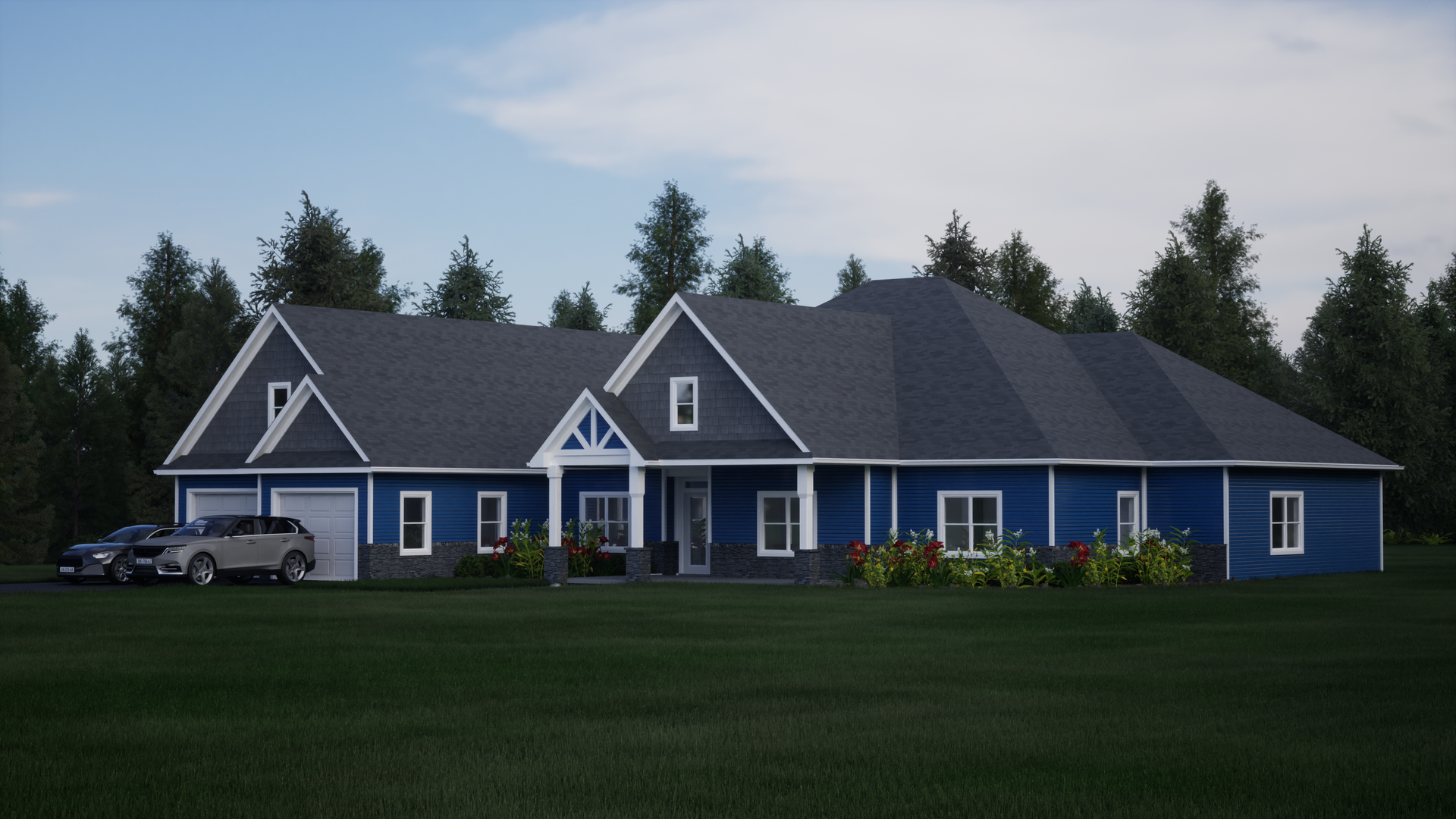 A blue house with two cars parked in front of it