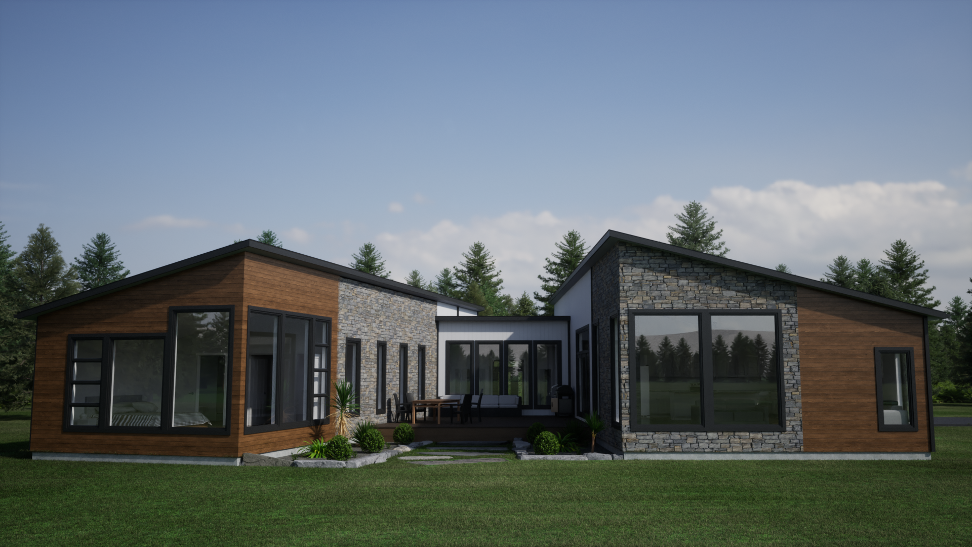 A large house with a lot of windows is sitting on top of a lush green field.