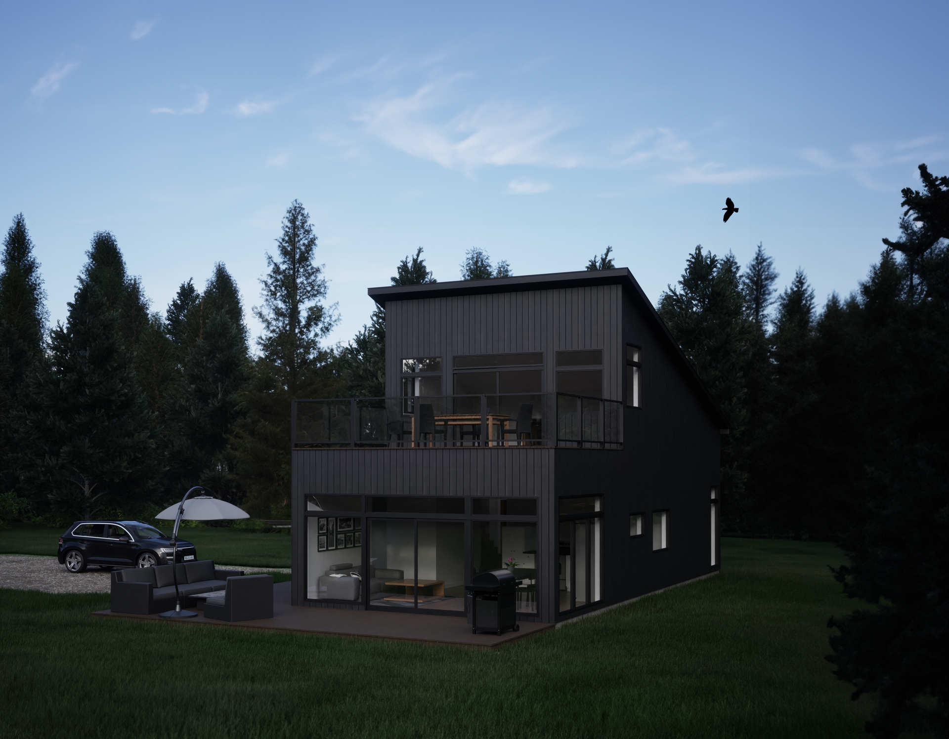 A black house with a car parked in front of it