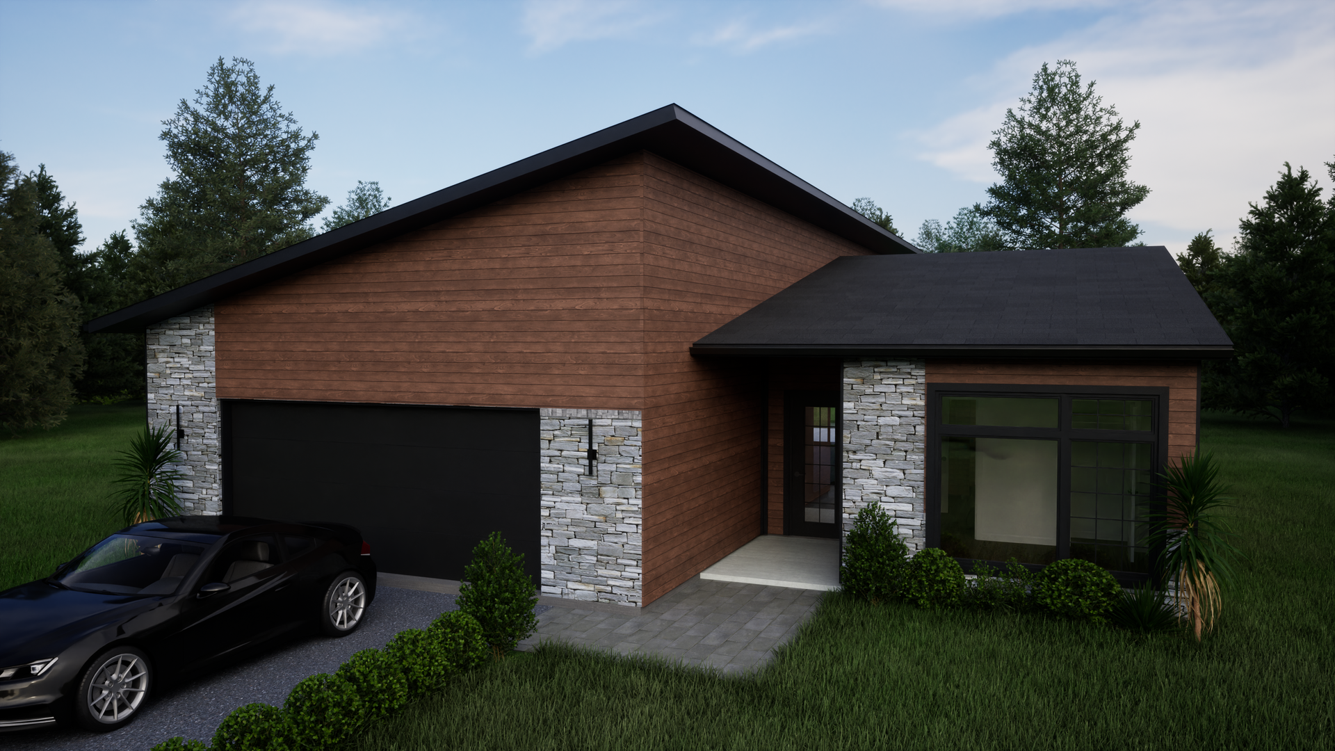 A black car is parked in front of a brick house