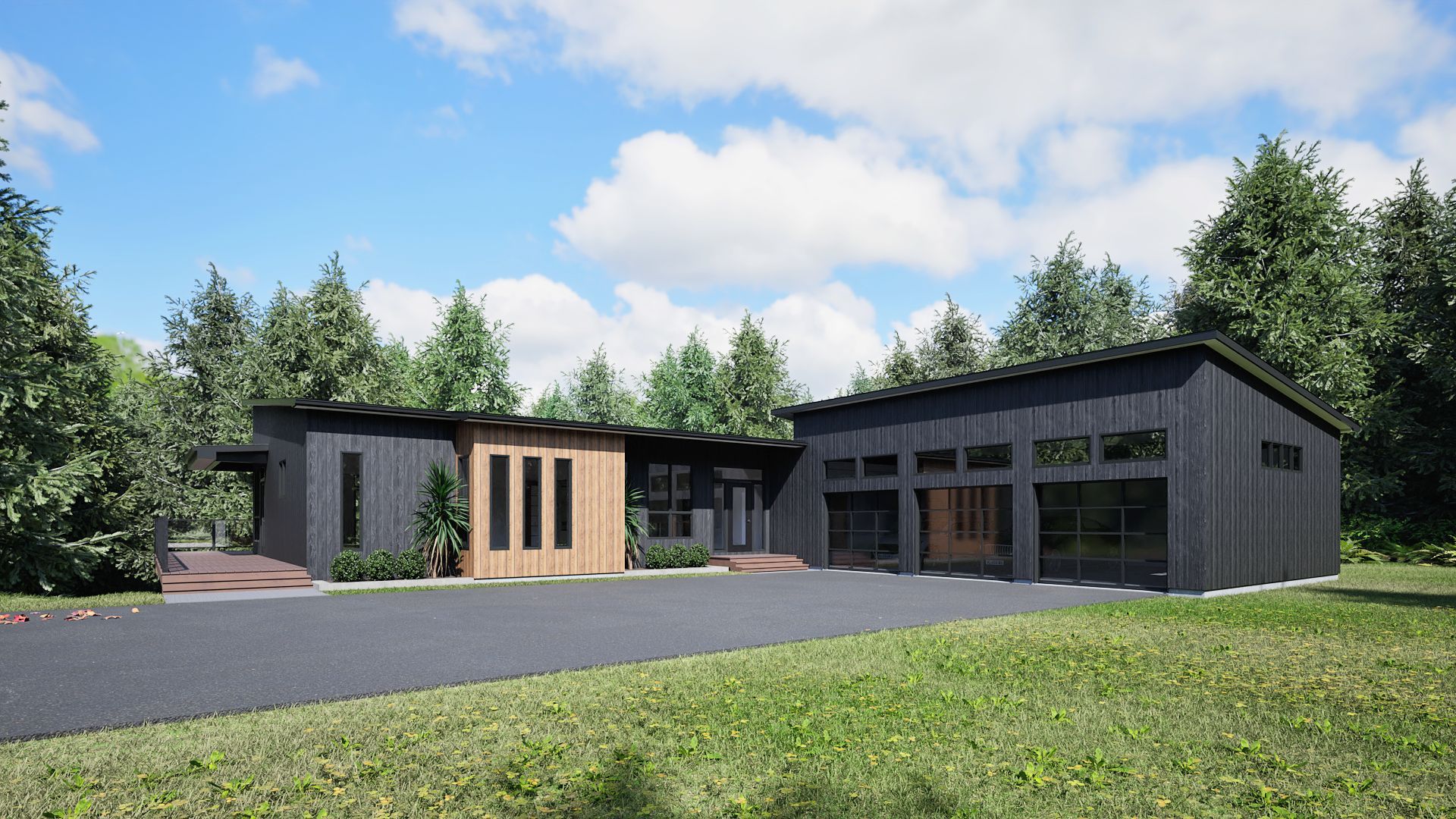 An artist 's impression of a modern house surrounded by trees and grass.