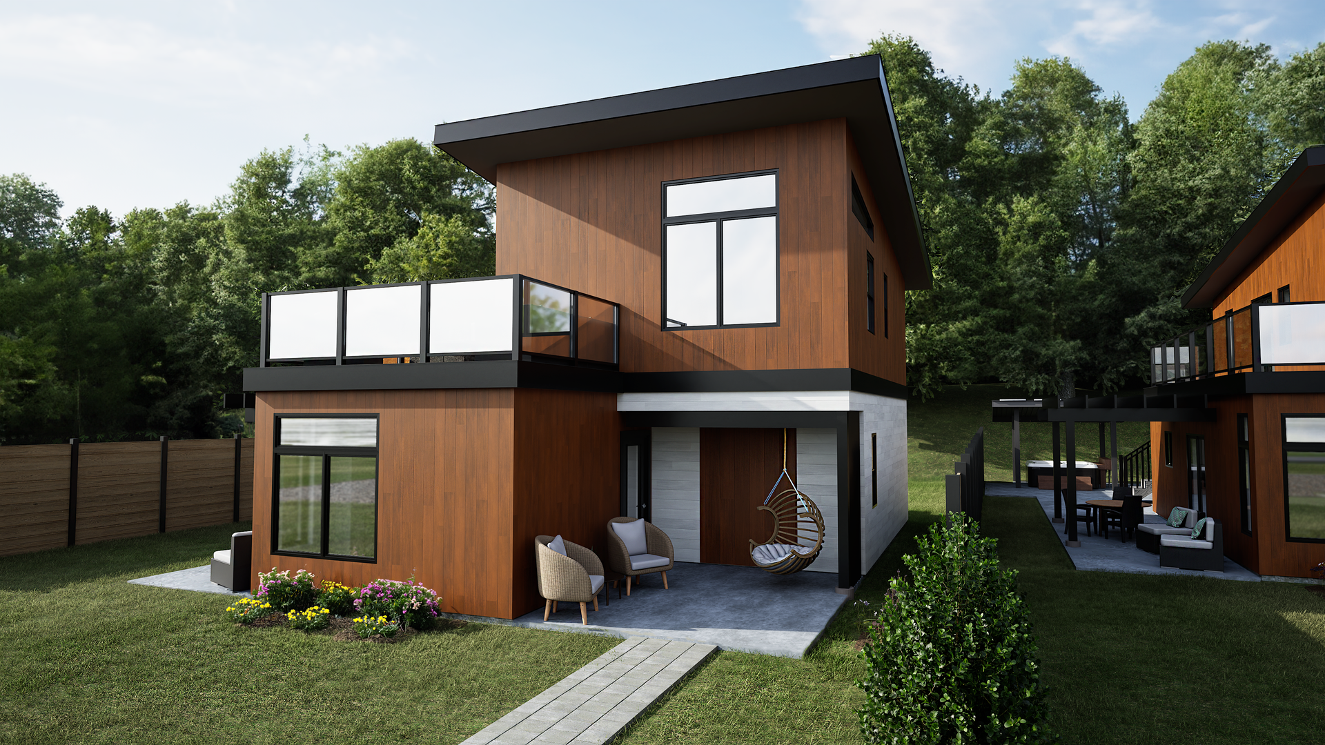 An artist 's impression of a small house with a balcony.