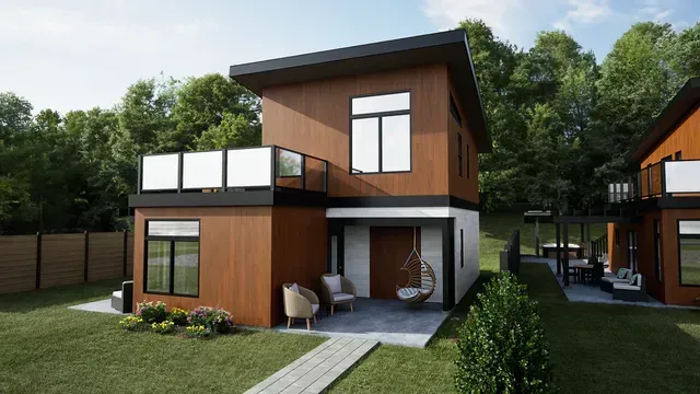 An artist 's impression of a small house with a balcony.