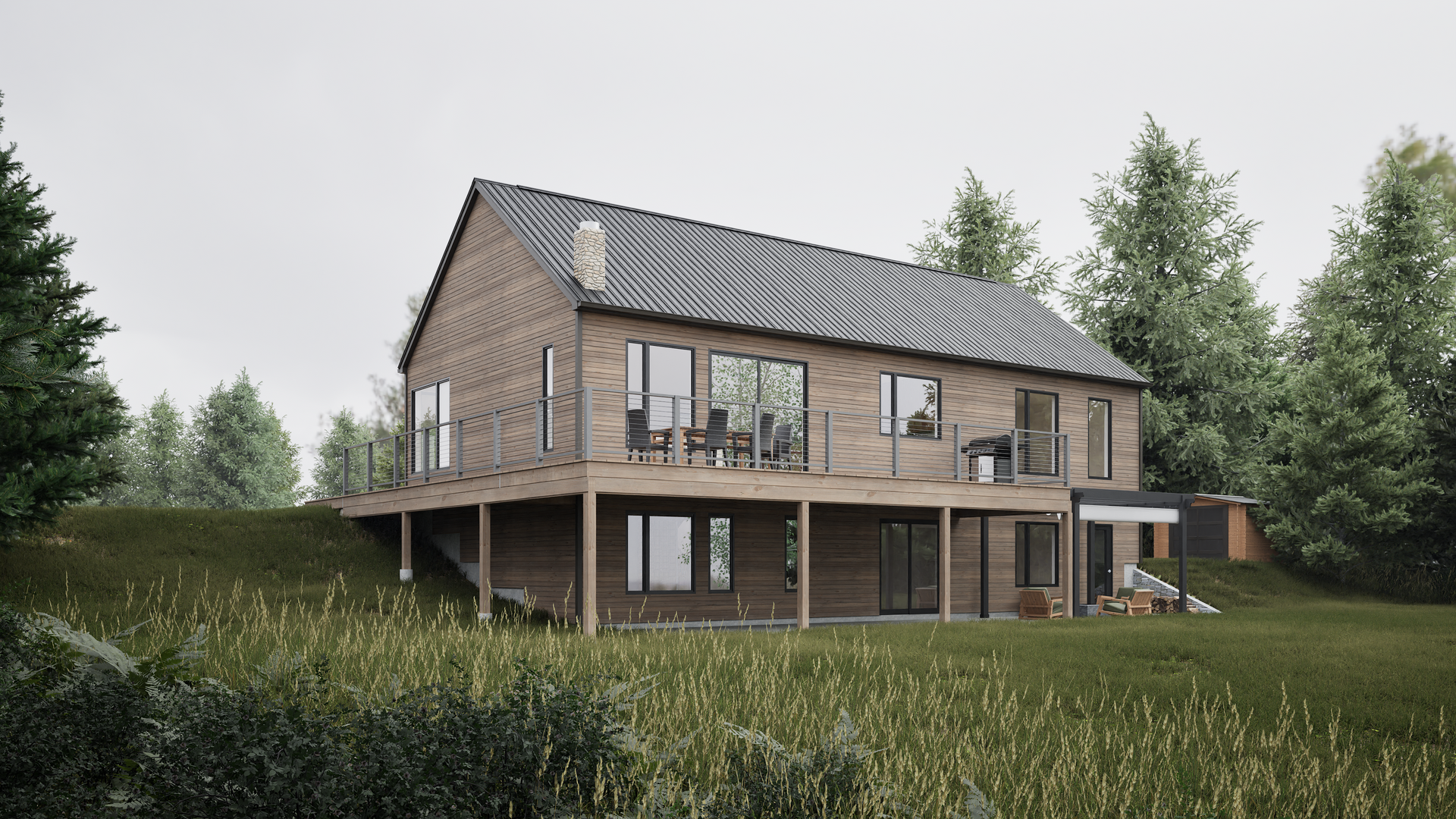 A large wooden house is sitting on top of a grassy hill surrounded by trees.