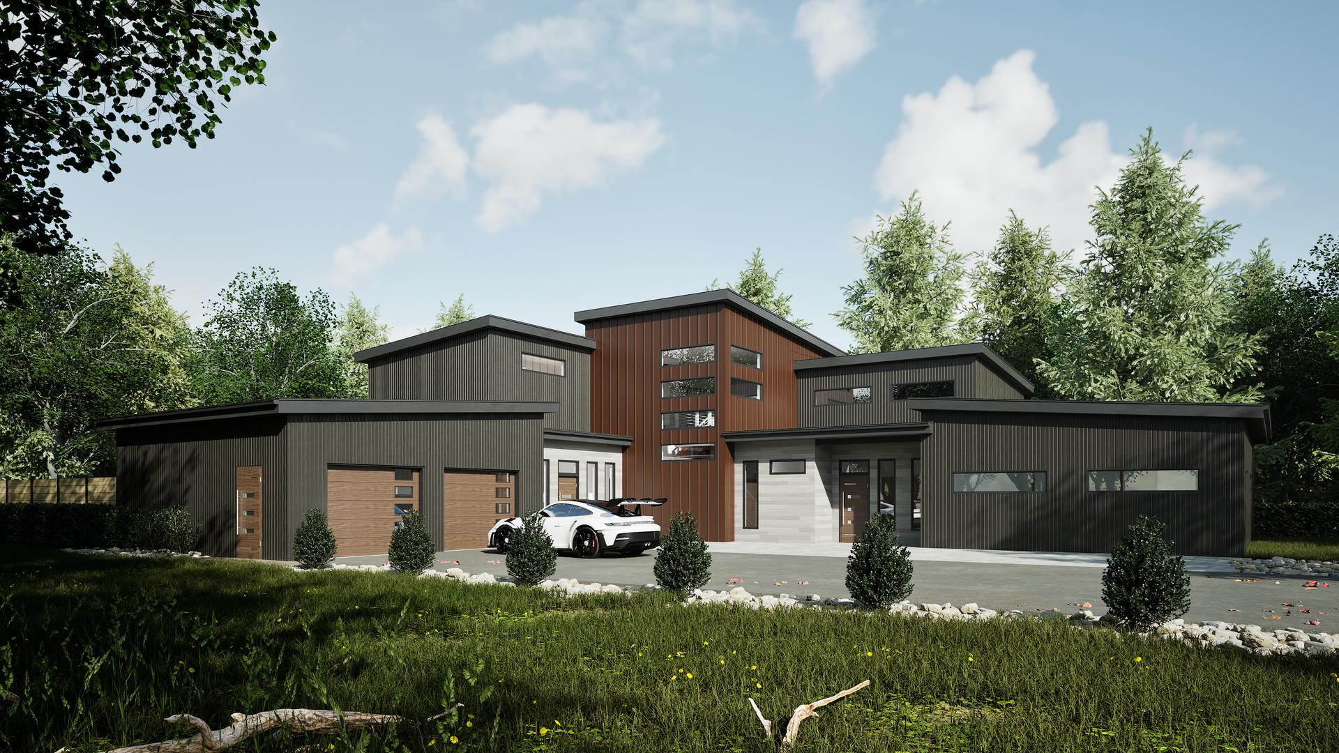 An artist 's impression of a modern house with a car parked in front of it.