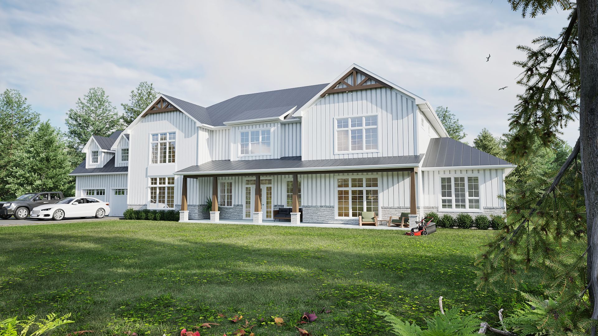 A large white house with a black roof is sitting on top of a lush green field.