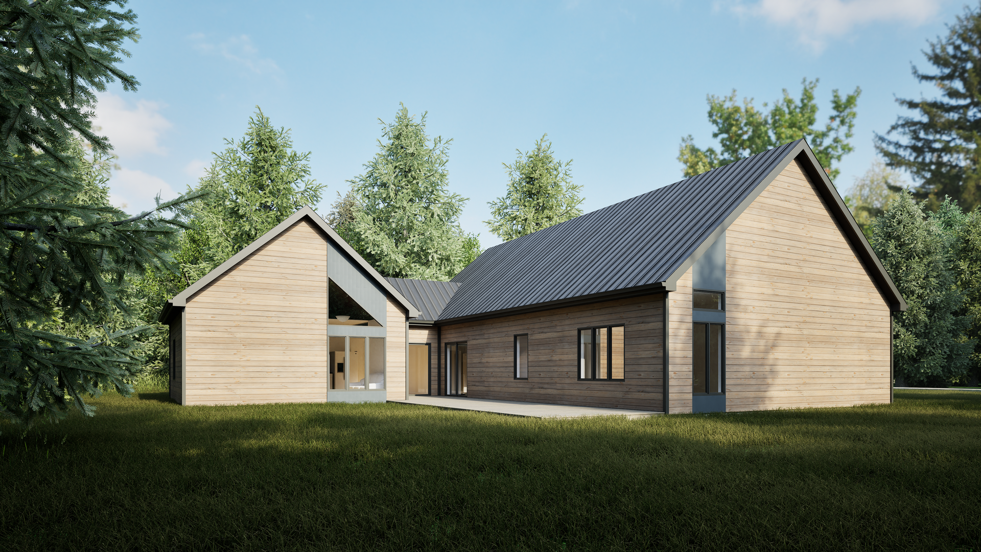 A large wooden house with a black roof is surrounded by trees.
