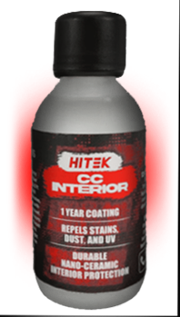 Bottle of Hitek CC Interior car protection. It repels stains, dust, and UV. Red and black label.