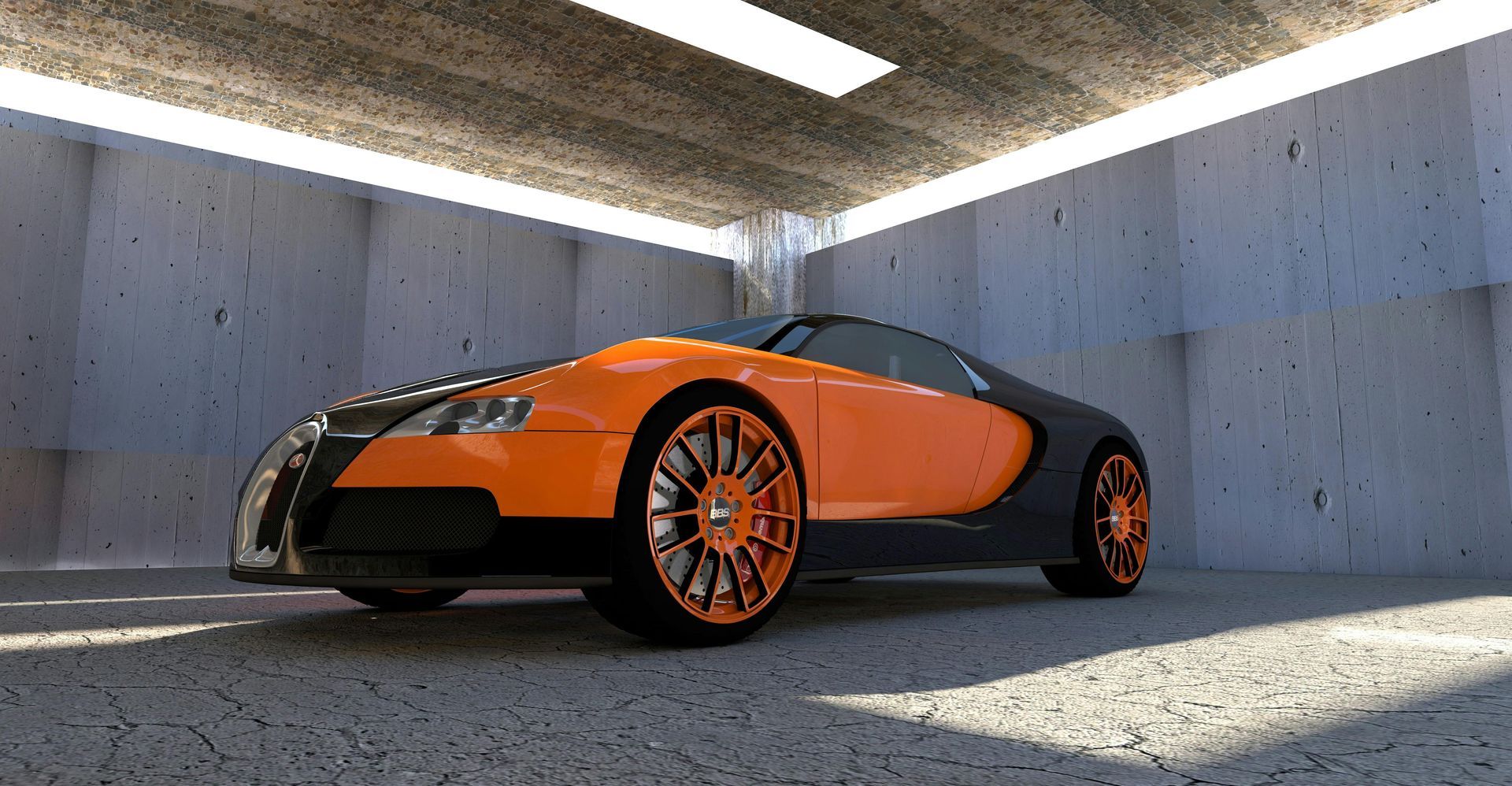 Orange and black Bugatti sports car parked inside a concrete garage, lit by overhead sunlight.