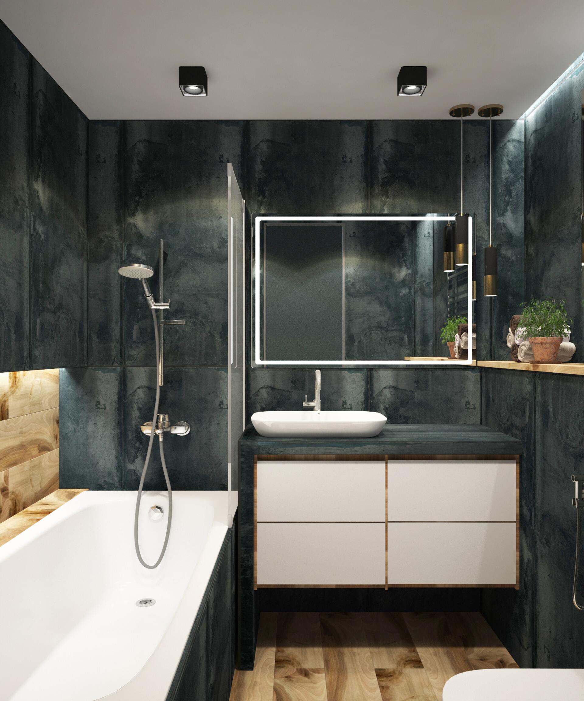 black bathroom interior with hanging shower