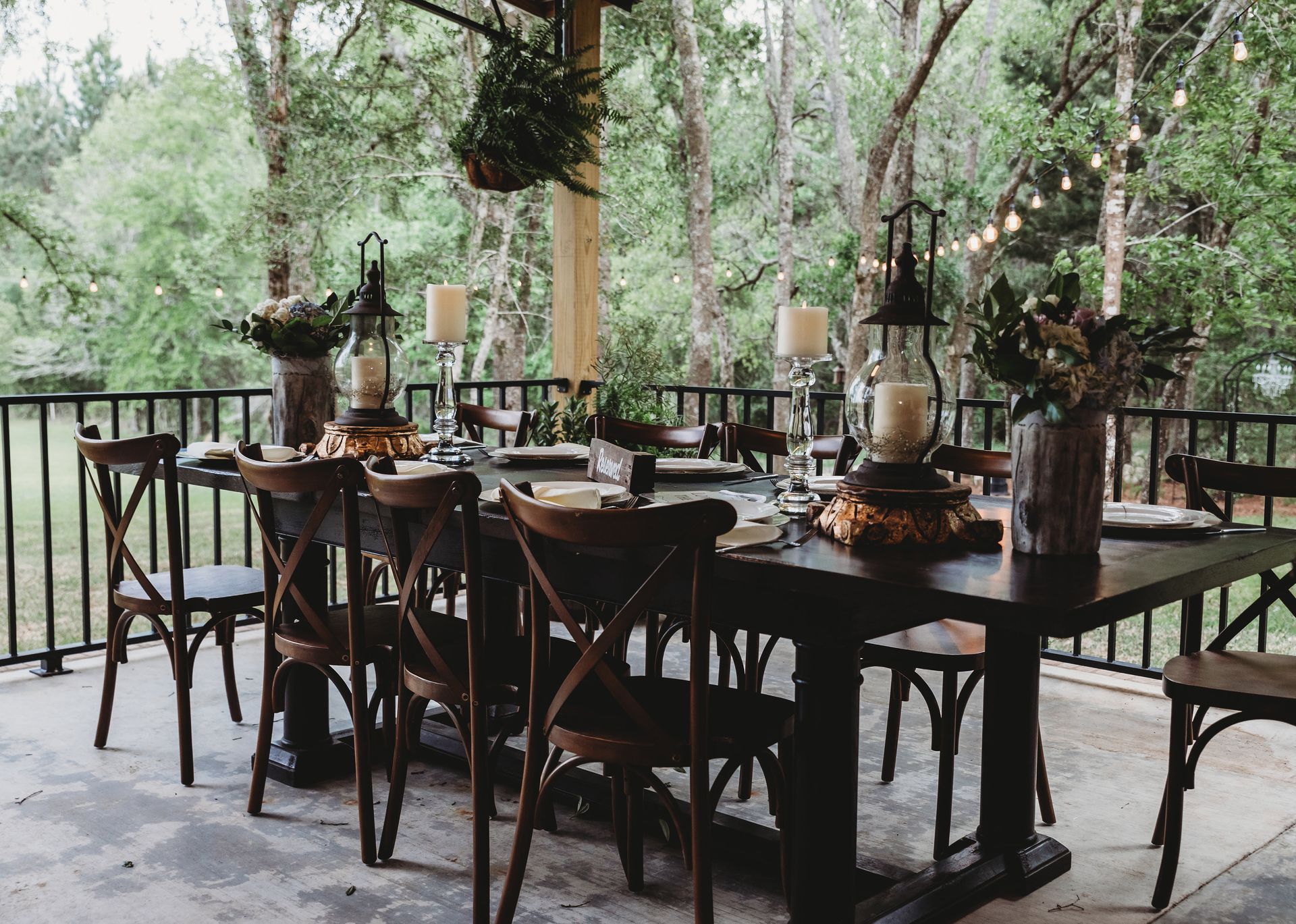 outdoor wedding reception on large venue porch