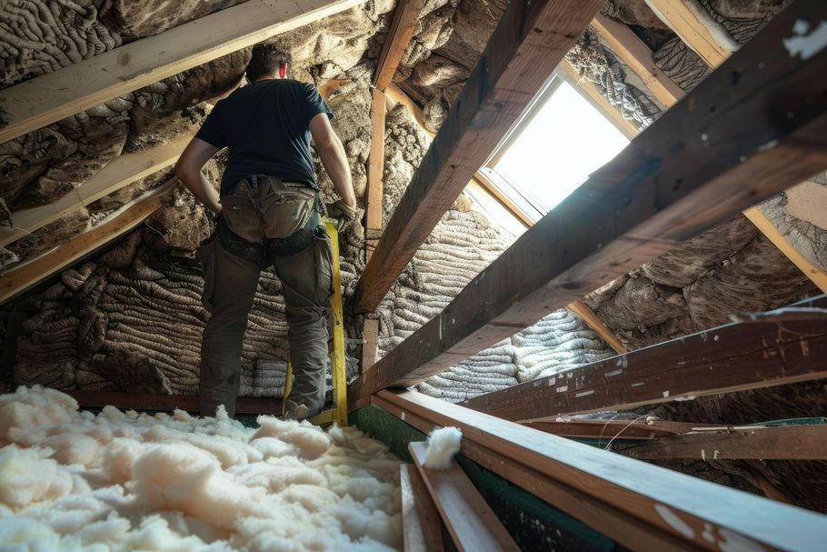 Professional installer applying spray foam insulation in attic.