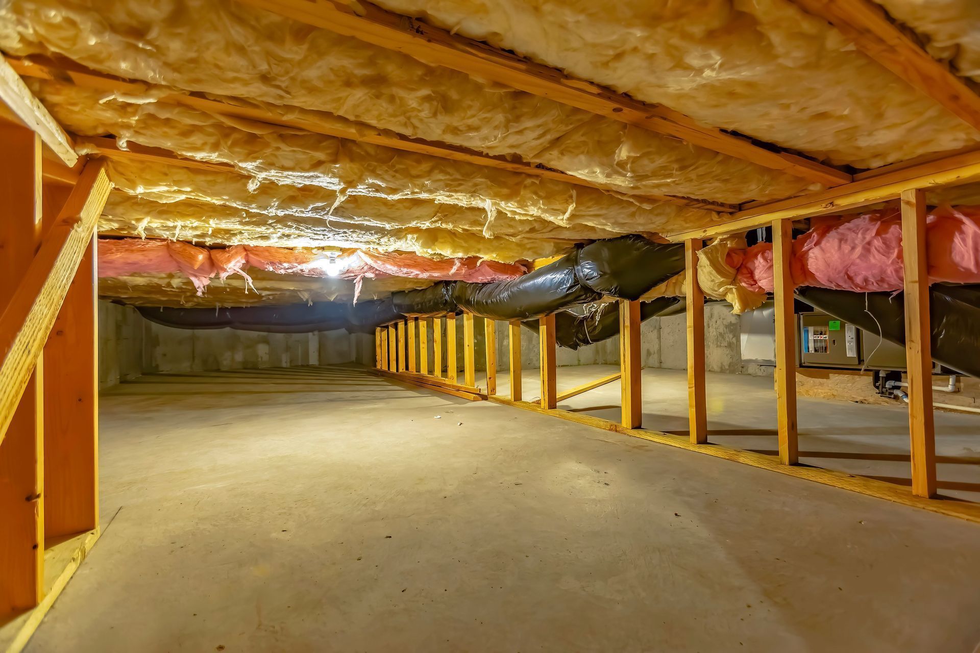 Insulated crawl space with vapor barrier and foam board insulation.
