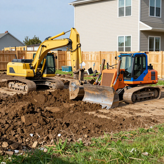 A yellow excavator and an orange bulldozer work on a dirt construction site in front of a residential house.
