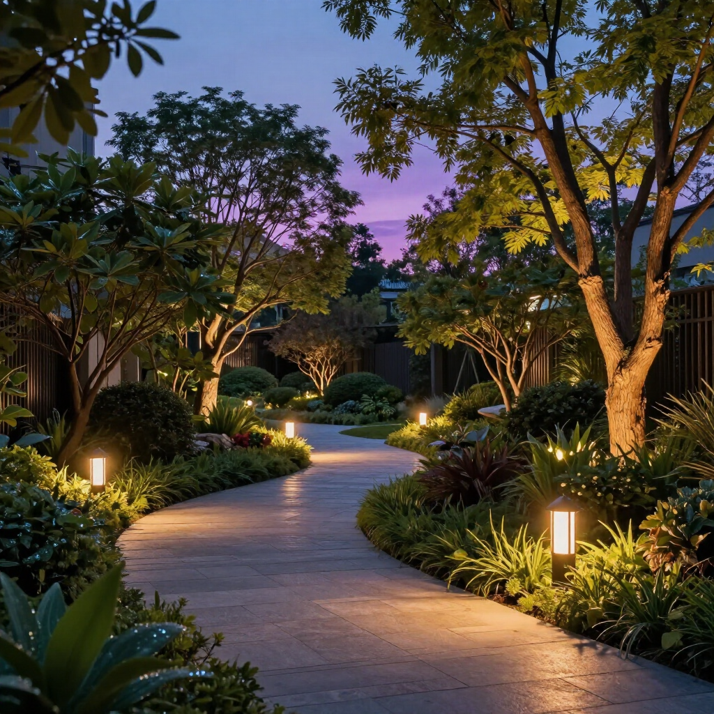 A stone pathway winds through a lush garden at dusk, illuminated by warm glowing bollard lights and trees.