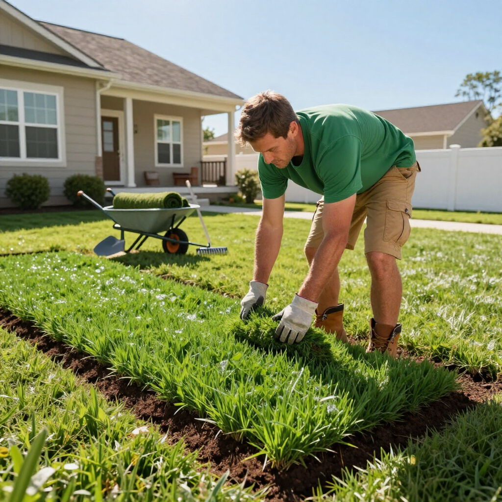 A person in a green shirt and work gloves kneeling in a yard to install a new row of sod, with a wheelbarrow nearby.