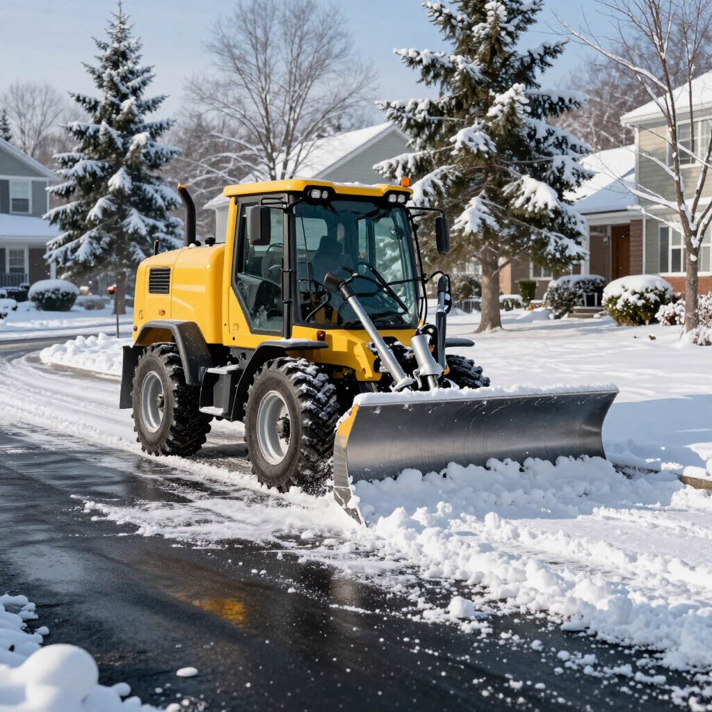 A yellow snowplow clearing snow from a residential street on a sunny winter day.