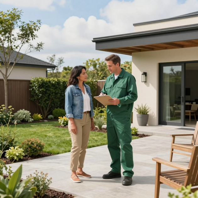 A person in a green uniform and a person in a denim jacket stand on a patio, talking and looking at a clipboard.