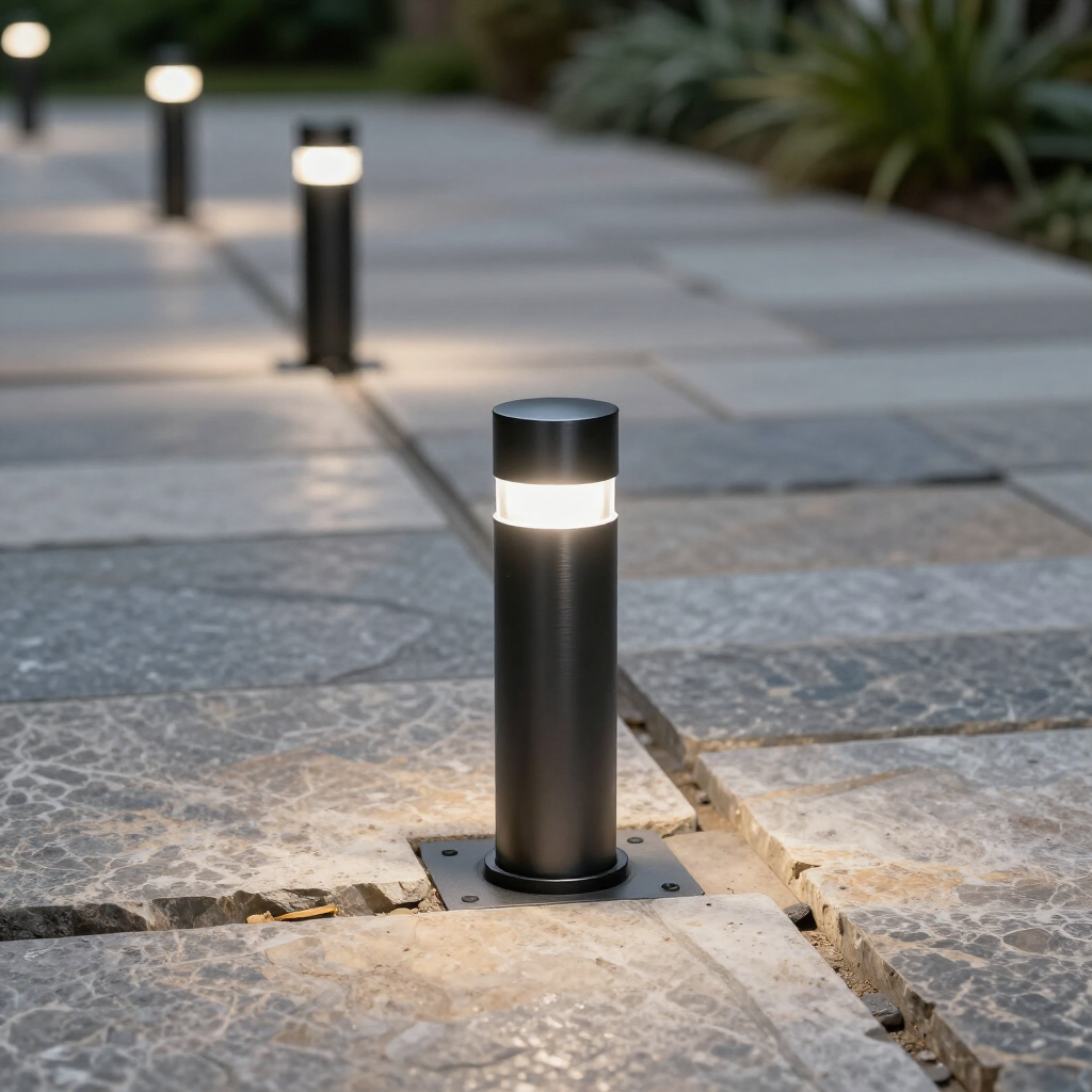 A row of cylindrical dark metal pathway lights illuminate stone pavers at dusk.