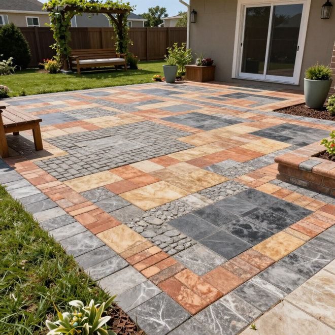 Backyard patio featuring a multi-colored stone paver design with a seating area, garden bench, and potted plants.