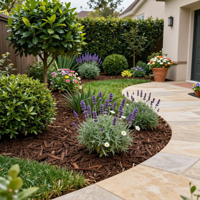A landscaped front yard featuring lavender bushes, manicured shrubs, a stone walkway, and potted flowers near a house.