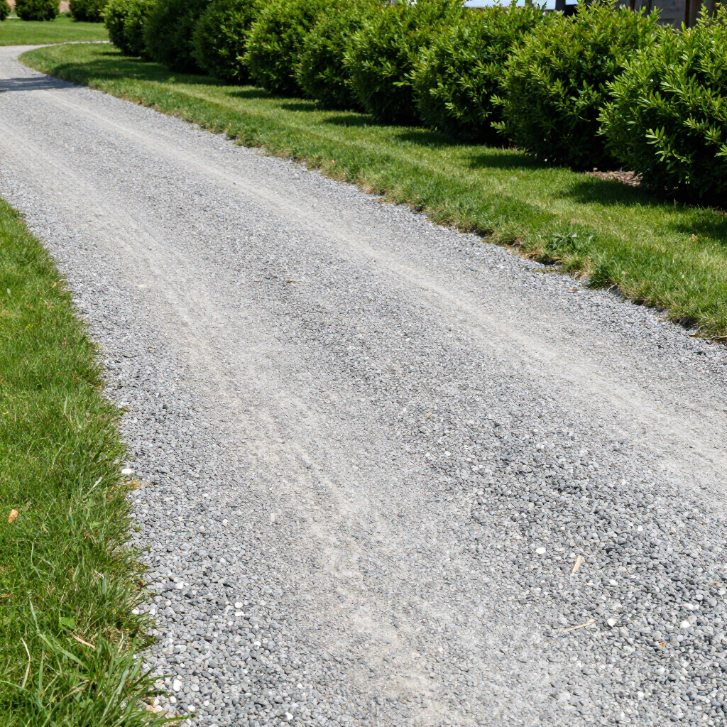 A gravel driveway curves gently past a line of manicured green shrubs and a grassy lawn under bright sunlight.