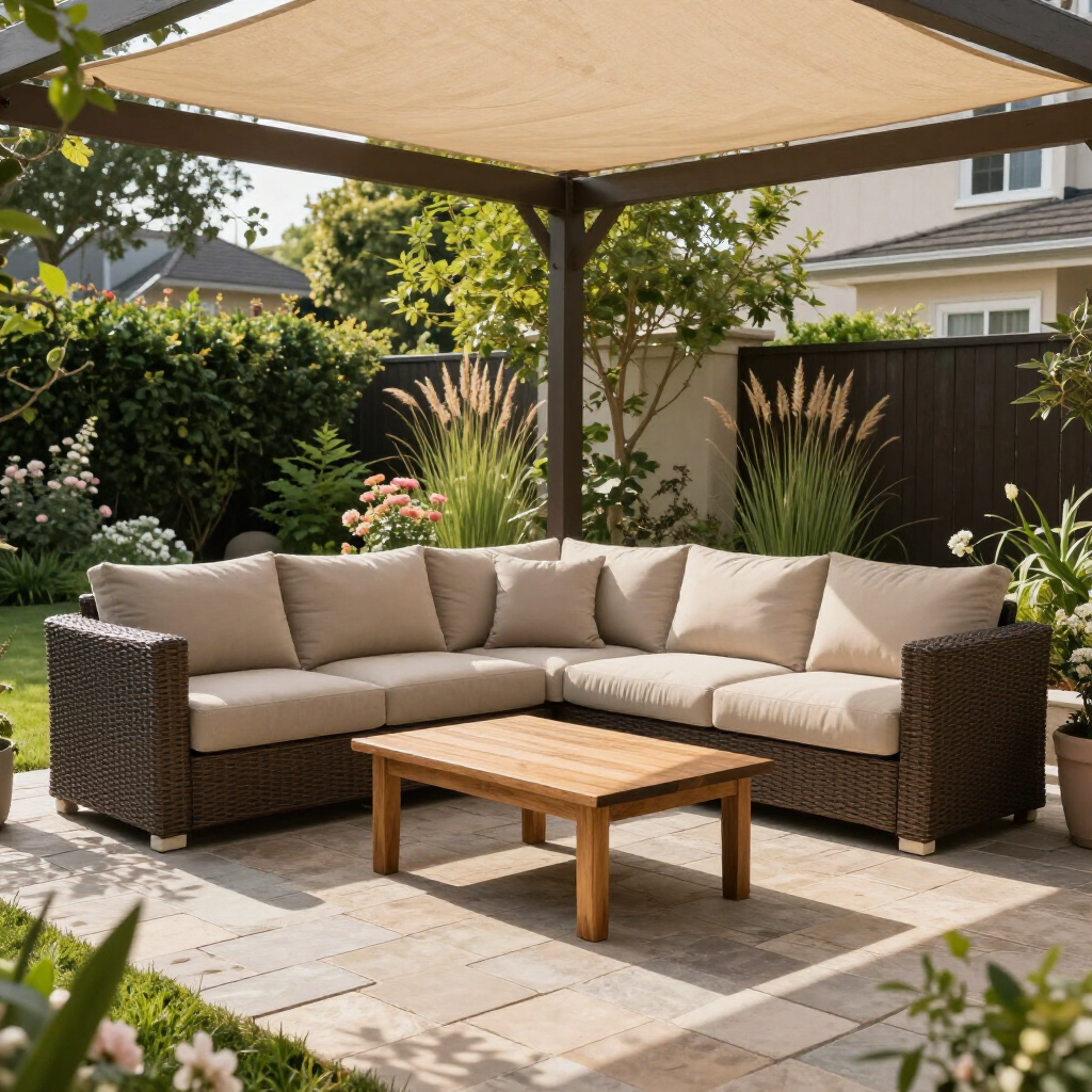 A brown wicker sectional sofa with beige cushions and a wooden coffee table on a stone patio under a shaded pergola.
