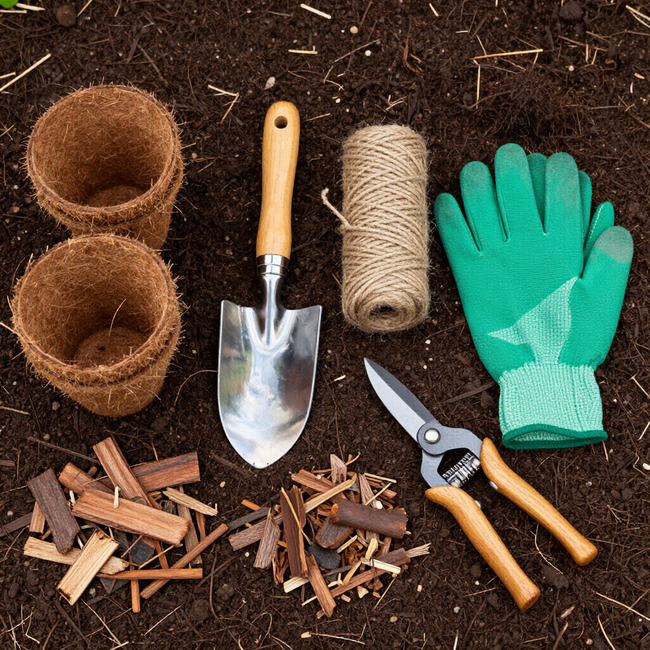 Gardening tools, two coco coir pots, twine, pruning shears, and a green glove arranged on dark soil with wood mulch.