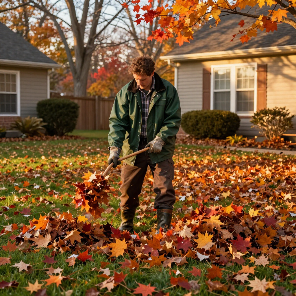 A person in a green jacket raking fallen autumn leaves on a residential lawn in front of houses.