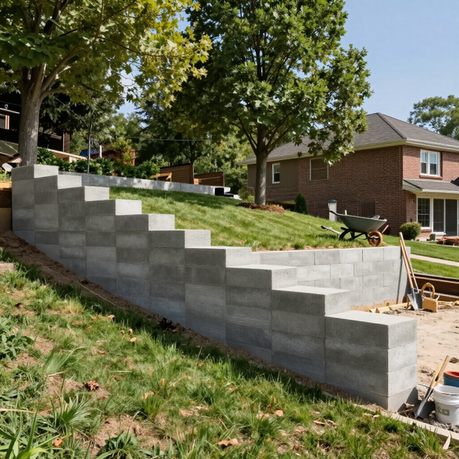 A newly constructed gray concrete block retaining wall steps down a grassy residential hill on a sunny day.