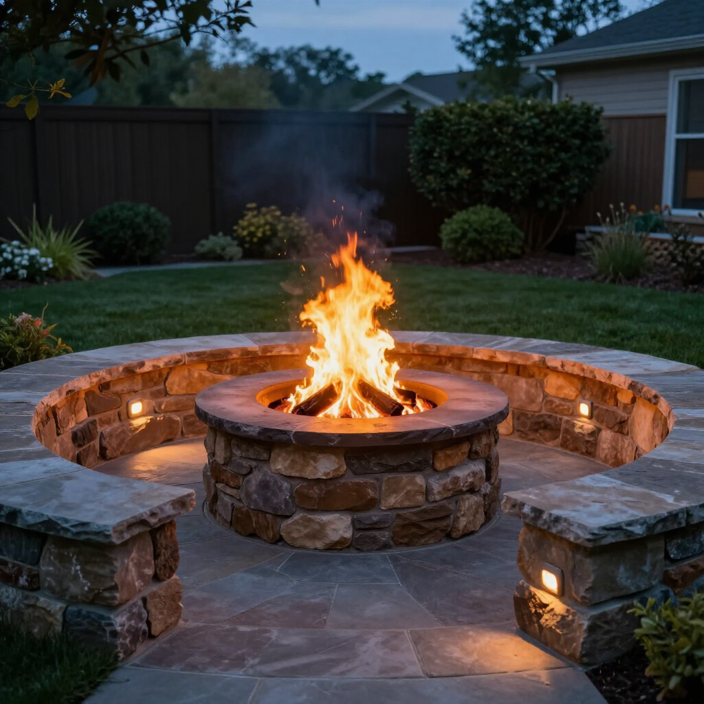 A roaring fire burns in a circular stone fire pit surrounded by a stone bench with built-in accent lights at twilight.