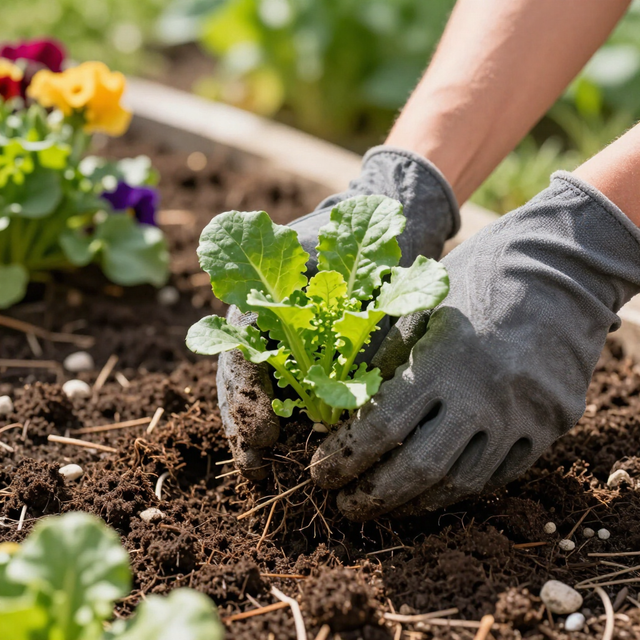 A person wearing grey gardening gloves plants a young green seedling into dark soil in a garden bed.