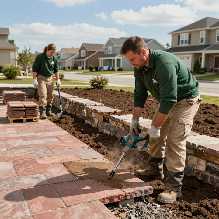 Two people in green uniforms work on a stone patio installation in a residential neighborhood.
