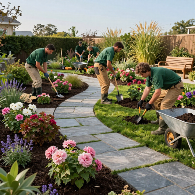 Four workers in green uniforms landscape a garden, planting flowers along a stone walkway with shovels and a wheelbarrow.