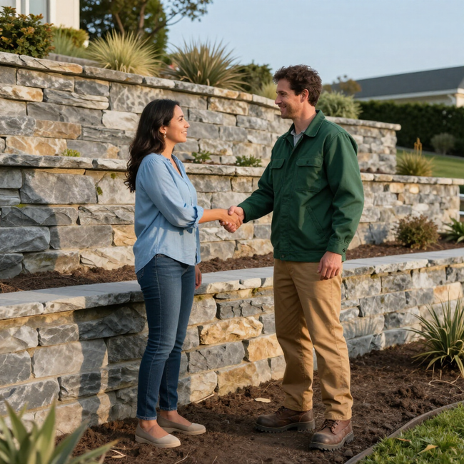 A person in a blue shirt and jeans shakes hands with a worker in a green jacket by a stacked stone retaining wall.