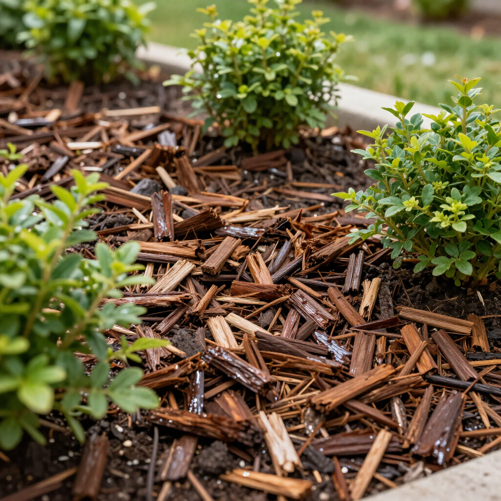 Small green shrubs planted in soil covered with wood chip mulch.