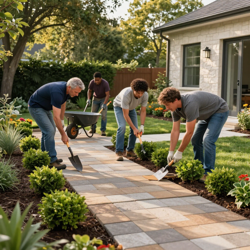 Four people work together to install a stone paver walkway in a sunny residential garden.
