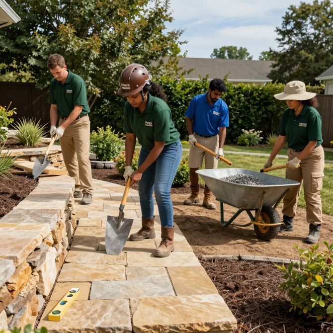 Four people in work uniforms work together to install a stone path in a garden, using shovels and a wheelbarrow.