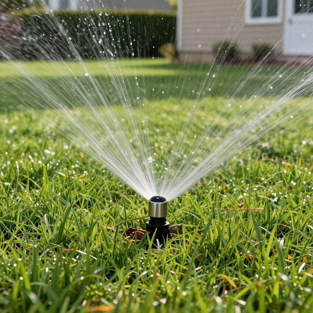 A lawn sprinkler spraying water over a green grass yard in front of a house.