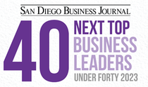 A logo for the san diego business journal next top business leaders under forty 2023.