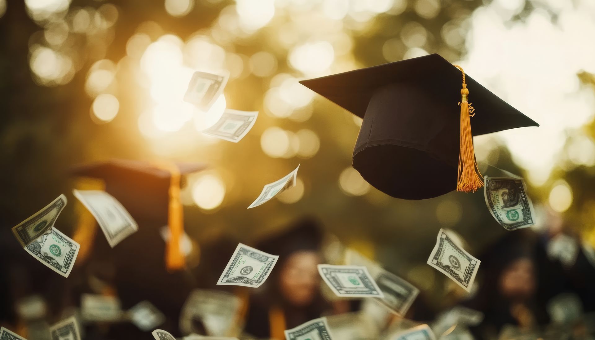 A graduation cap and gown with money falling out of it.