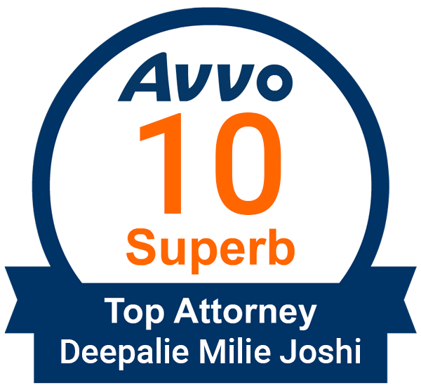 A logo that says AVVO 10 superb top attorney Deepalie Milie Joshi.