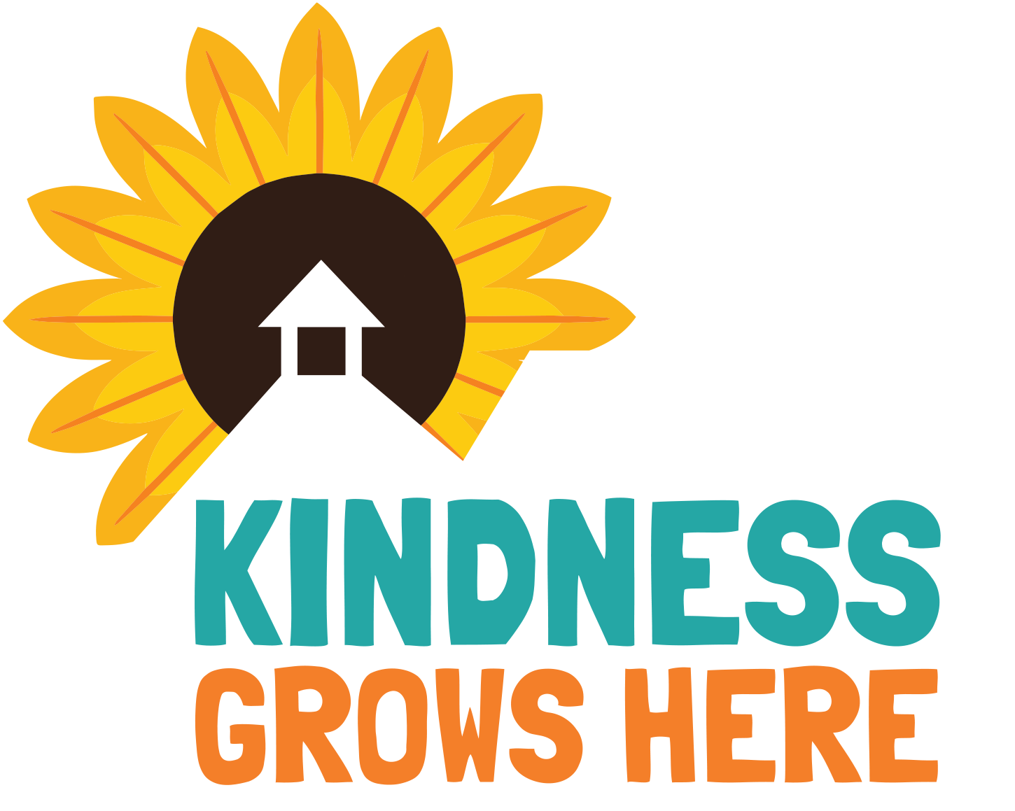 Kindness Grows Here Logo with school building and sunflower.  
