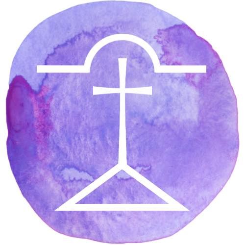 Divinity Lutheran Church logo - A white outline of a cross under an arch, centered on a circular, purple watercolor background.