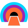 Rainbow-colored arched tunnel with an orange path leading to a black opening.