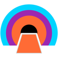 Tunnel entrance with a rainbow above it. Orange, purple, and blue arcs.