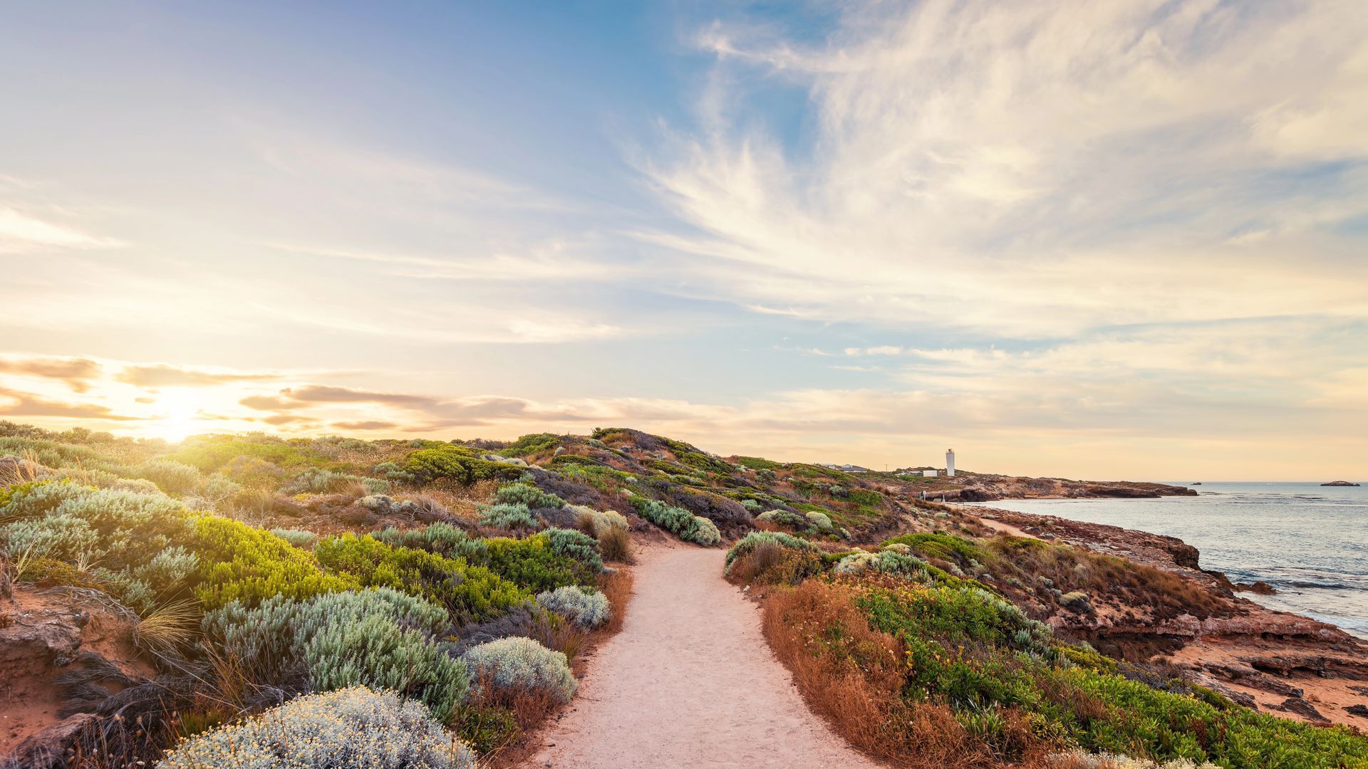 Sandy path through coastal vegetation, leading to the ocean under a cloudy sky.
