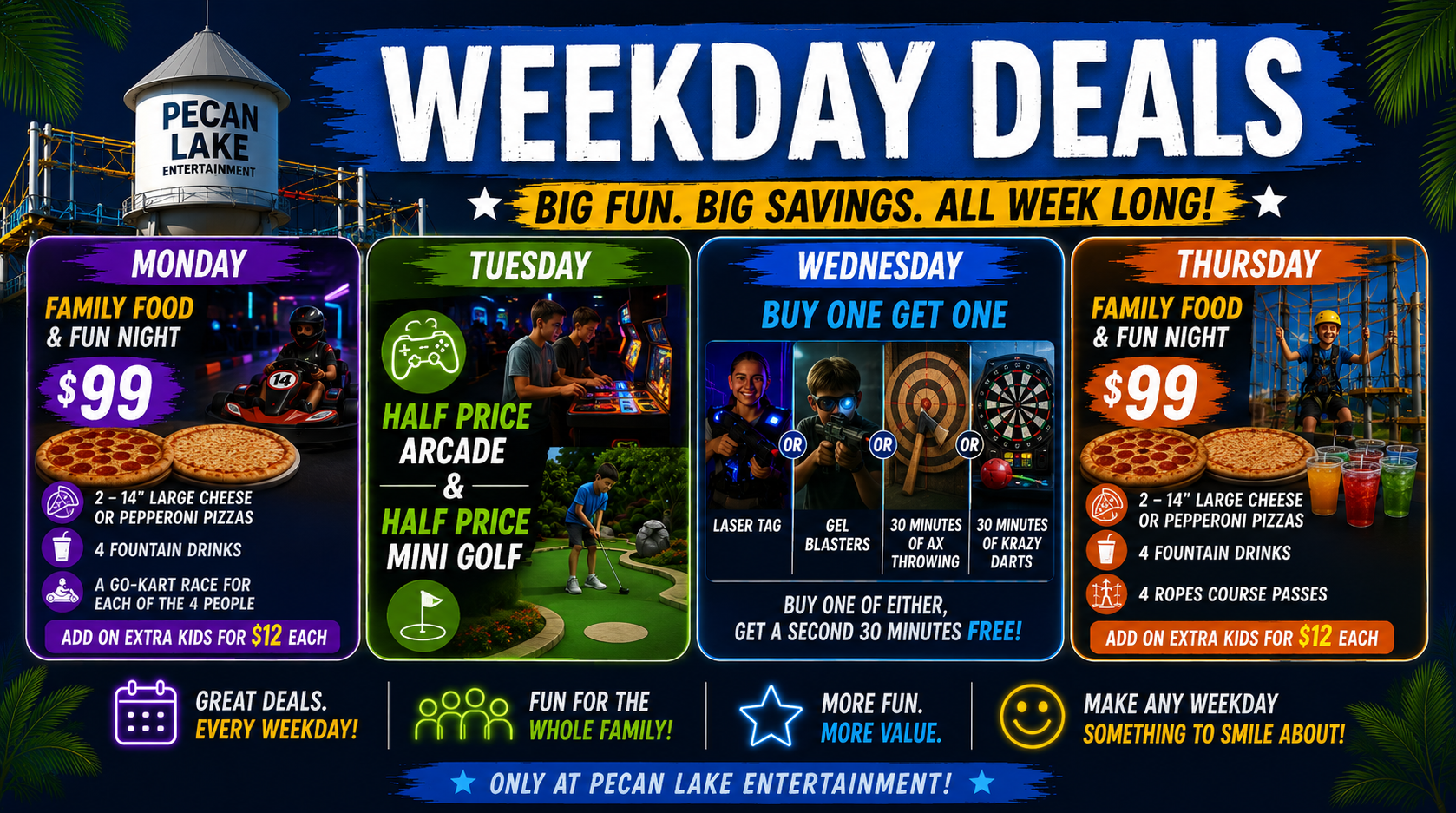 Weekday deals promo for Big Fun, Big Savings at Pecan Lake, with daily discount panels and attractions.
