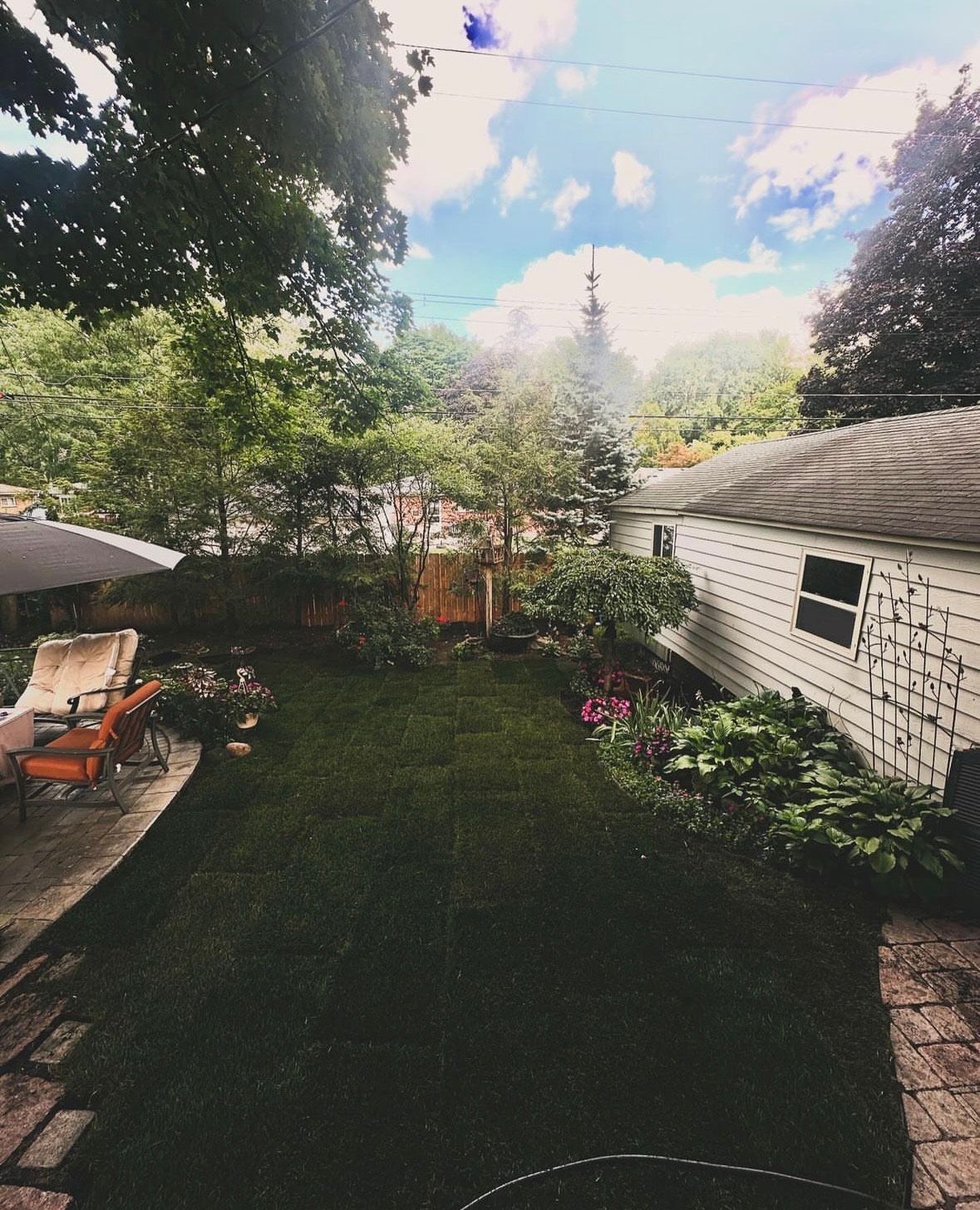 A backyard with lawn chairs and umbrellas and a house in the background