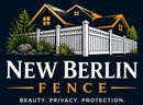New Berlin Fence Logo with White Fence, House Graphic, Landscaping, Tagline, and Company Name in New Berlin, WI